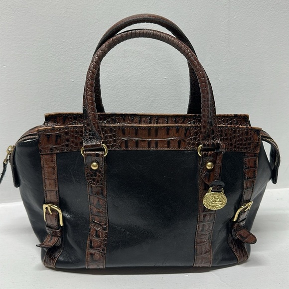 Brahmin Purse Shoulder Bag Leather Croc Embossed Vintage Large Gold Black Brown - Picture 1 of 11